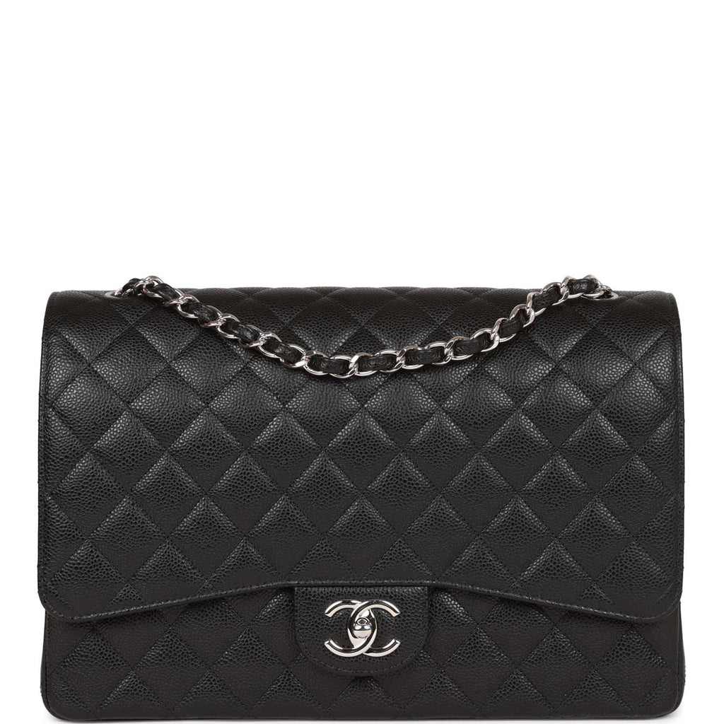 Chanel Maxi Classic Double Flap Bag Black Quilted Caviar Silver Hardware