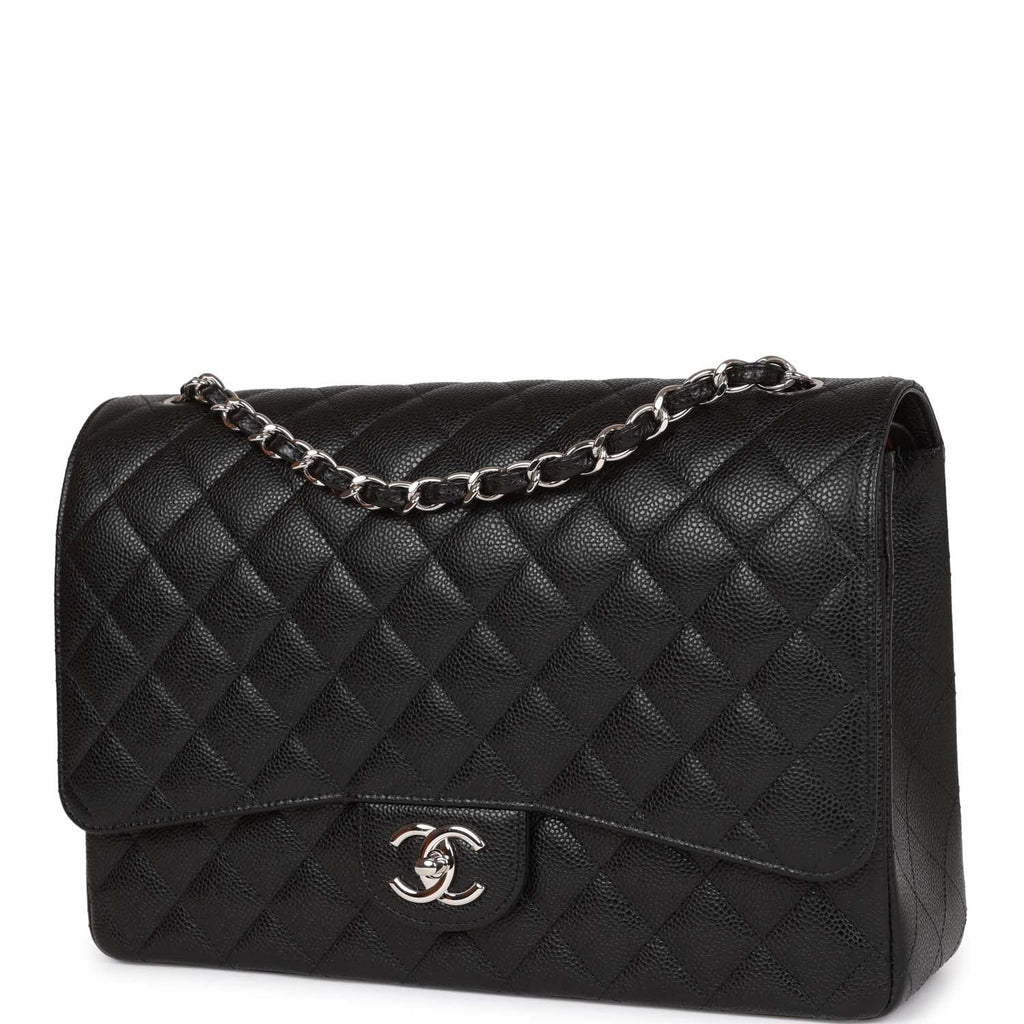 Chanel Maxi Classic Double Flap Bag Black Quilted Caviar Silver Hardware