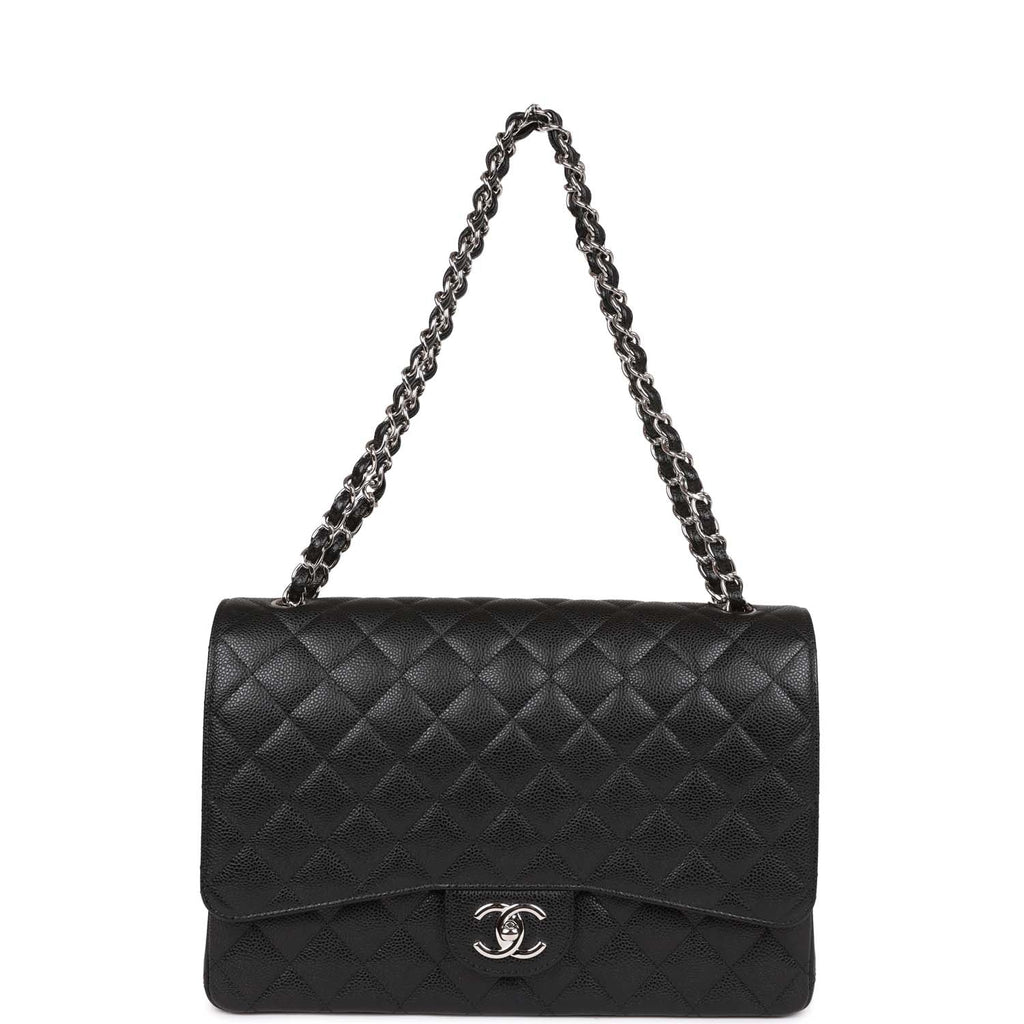 Chanel Maxi Classic Double Flap Bag Black Quilted Caviar Silver Hardware
