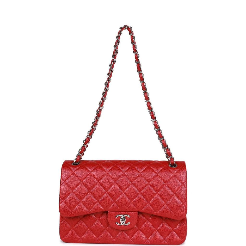 Chanel Jumbo Classic Double Flap Bag Metallic Red Caviar Silver Hardware