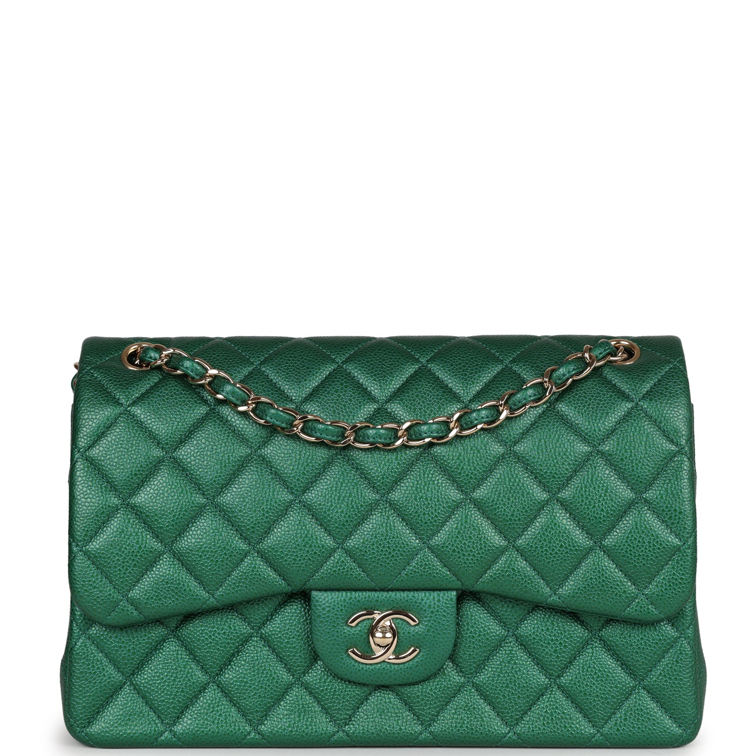 Chanel Jumbo Classic Double Flap Bag Emerald Green Caviar Light Gold Hardware