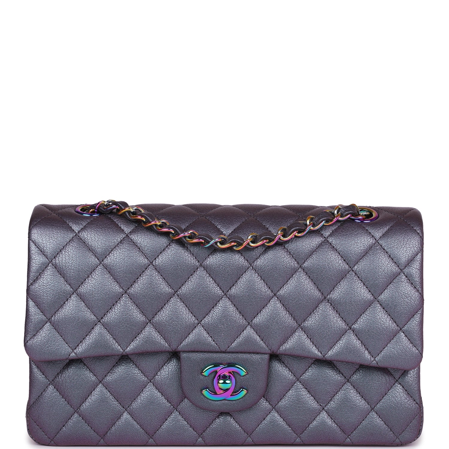 Chanel Medium Classic Double Flap Bag Iridescent Purple Mermaid Goatskin Rainbow Hardware