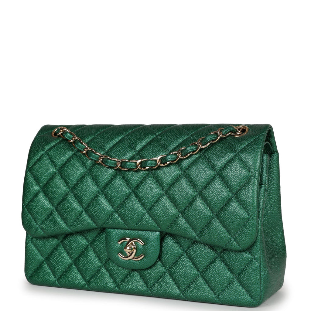 Chanel Jumbo Classic Double Flap Bag Emerald Green Caviar Light Gold Hardware