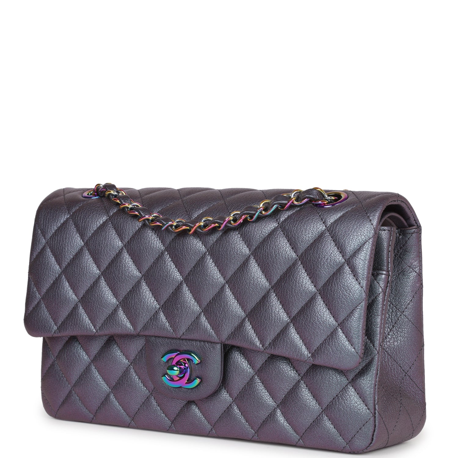 Chanel Medium Classic Double Flap Bag Iridescent Purple Mermaid Goatskin Rainbow Hardware