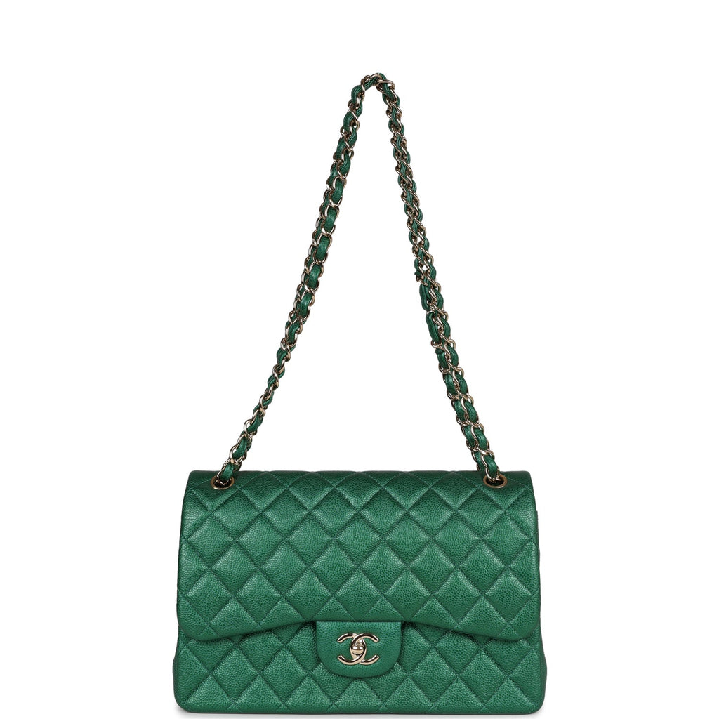 Chanel Jumbo Classic Double Flap Bag Emerald Green Caviar Light Gold Hardware