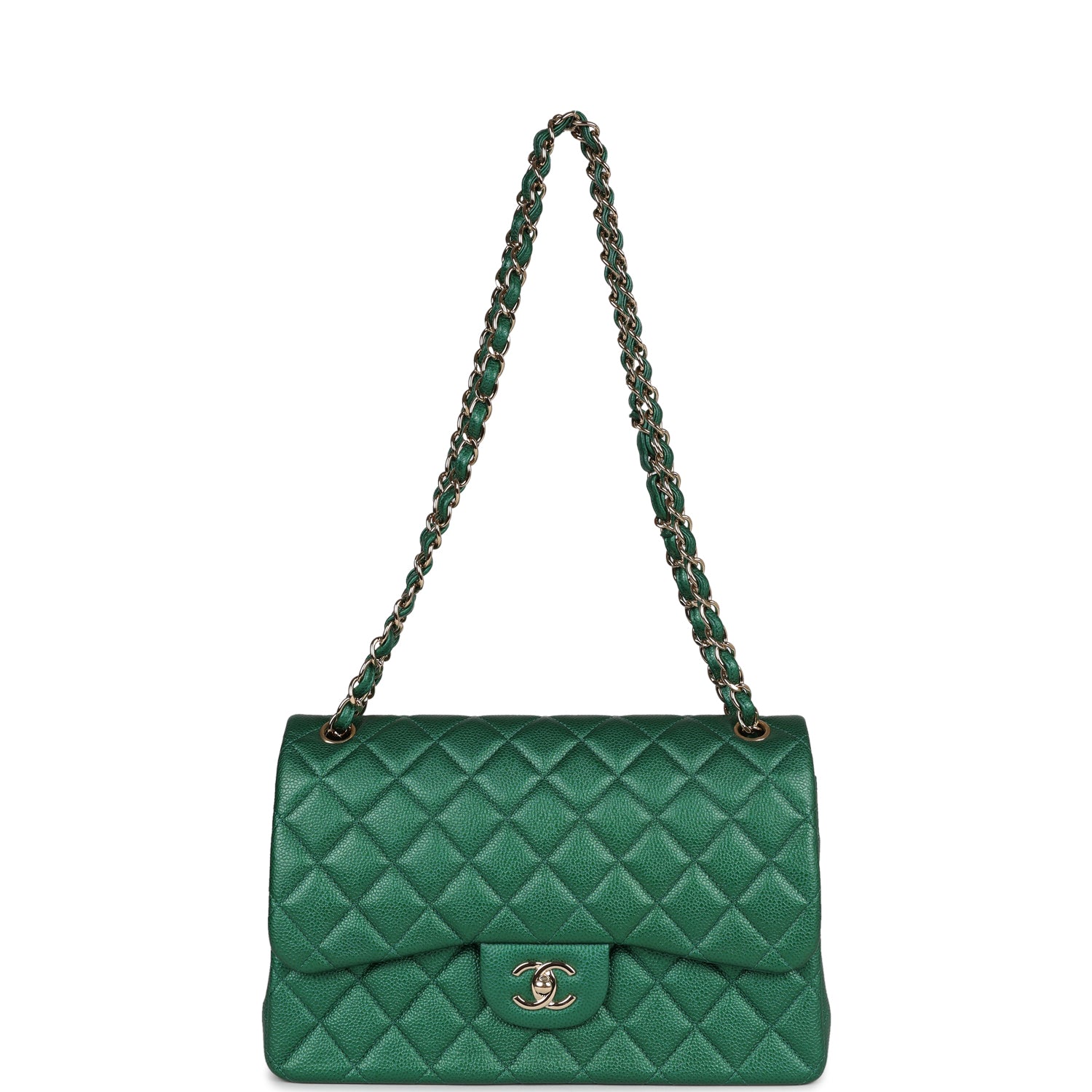 Chanel Jumbo Classic Double Flap Bag Emerald Green Caviar Light Gold Hardware
