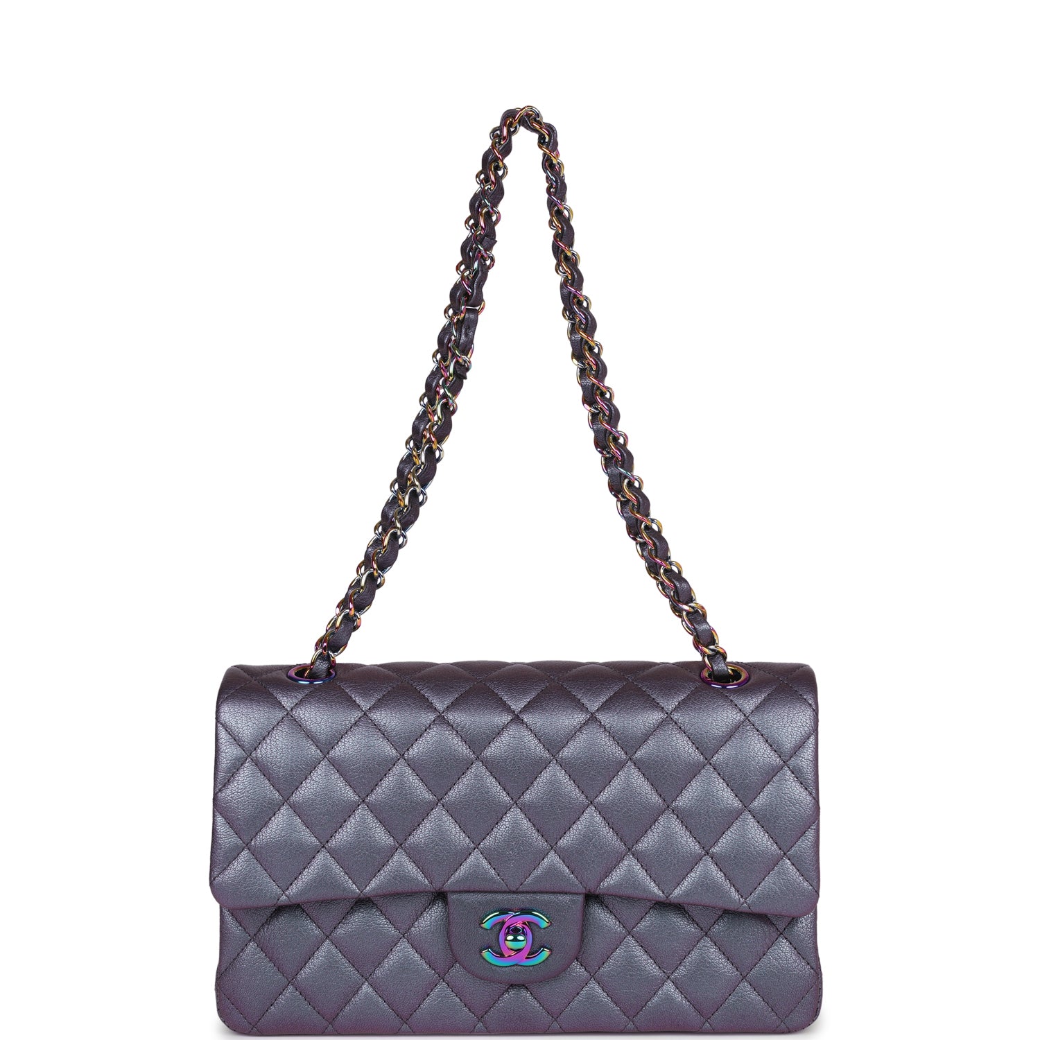 Chanel Medium Classic Double Flap Bag Iridescent Purple Mermaid Goatskin Rainbow Hardware