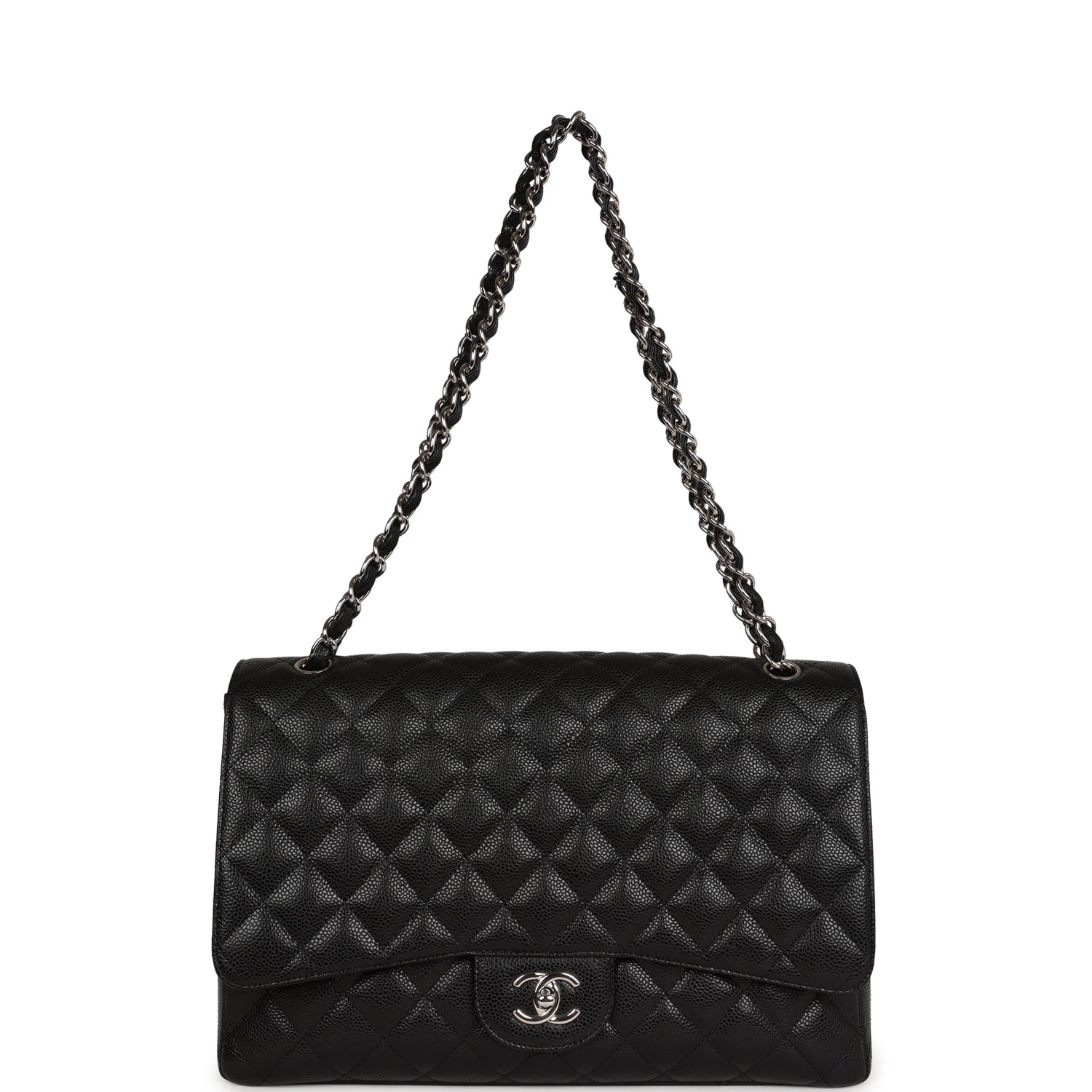 Chanel Maxi Classic Single Flap Bag Black Caviar Silver Hardware