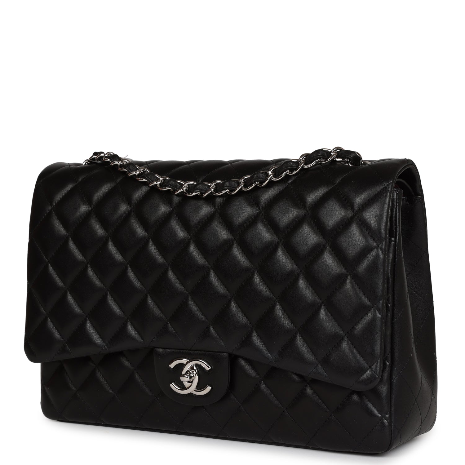 Chanel Maxi Classic Double Flap Bag Black Lambskin Silver Hardware