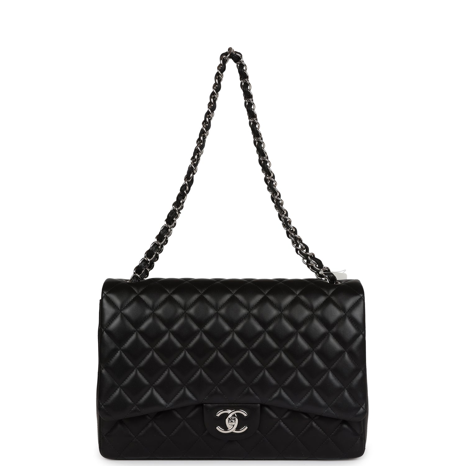 Chanel Maxi Classic Double Flap Bag Black Lambskin Silver Hardware