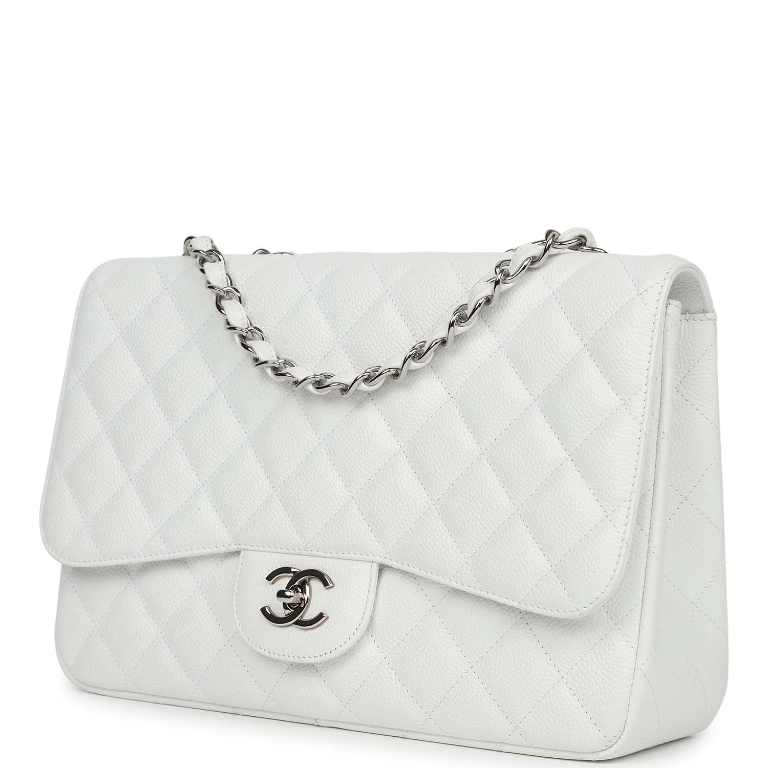 Chanel Jumbo Classic Single Flap Bag White Caviar Silver Hardware