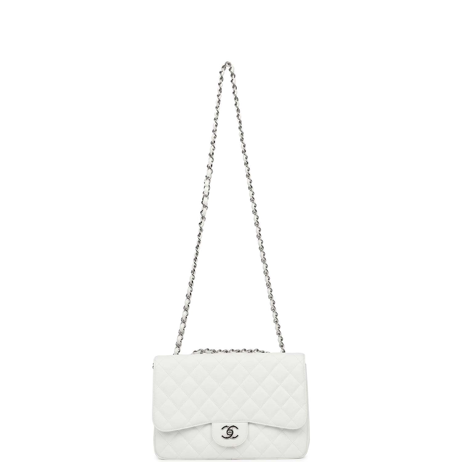 Chanel Jumbo Classic Single Flap Bag White Caviar Silver Hardware