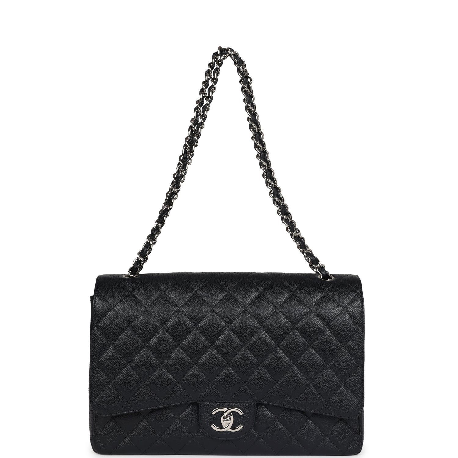 Chanel Maxi Classic Double Flap Bag Black Caviar Silver Hardware
