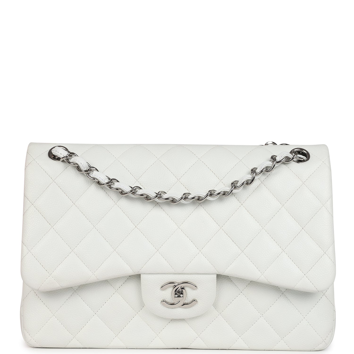 Chanel Jumbo Classic Single Flap Bag White Caviar Silver Hardware