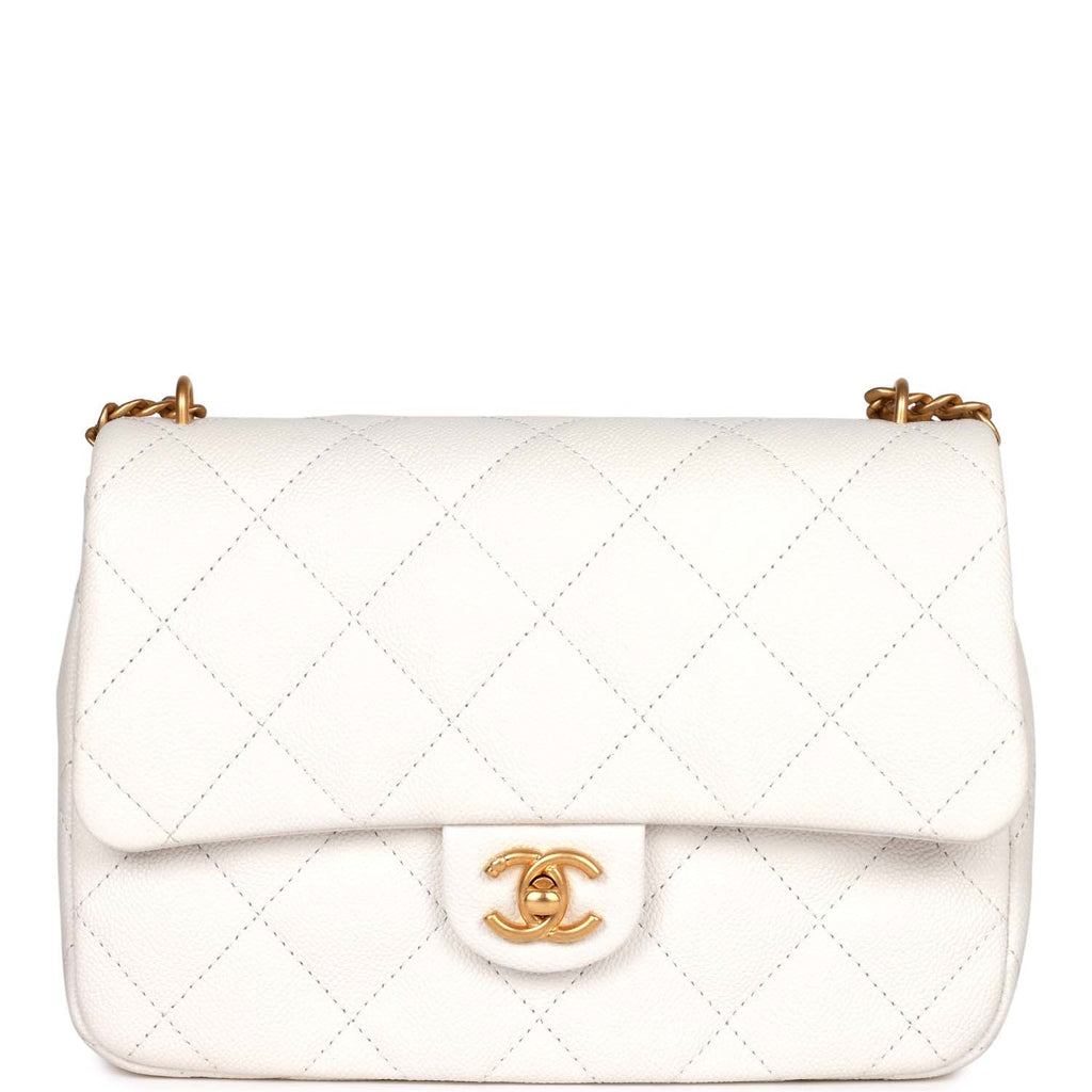 Chanel Large Single Flap White Caviar Leather Antique Gold Hardware