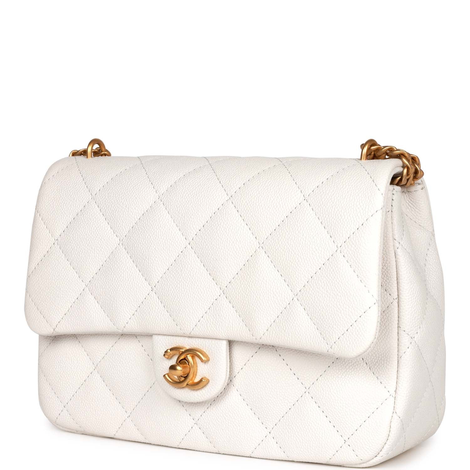 Chanel Large Single Flap White Caviar Leather Antique Gold Hardware