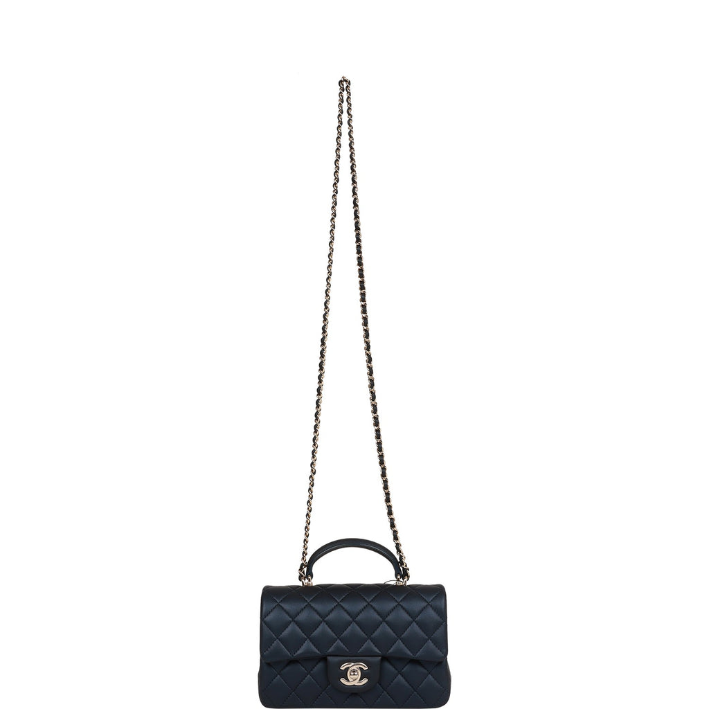 Chanel Mini Rectangular Flap Bag with Top Handle Dark Blue Lambskin Light Gold Hardware
