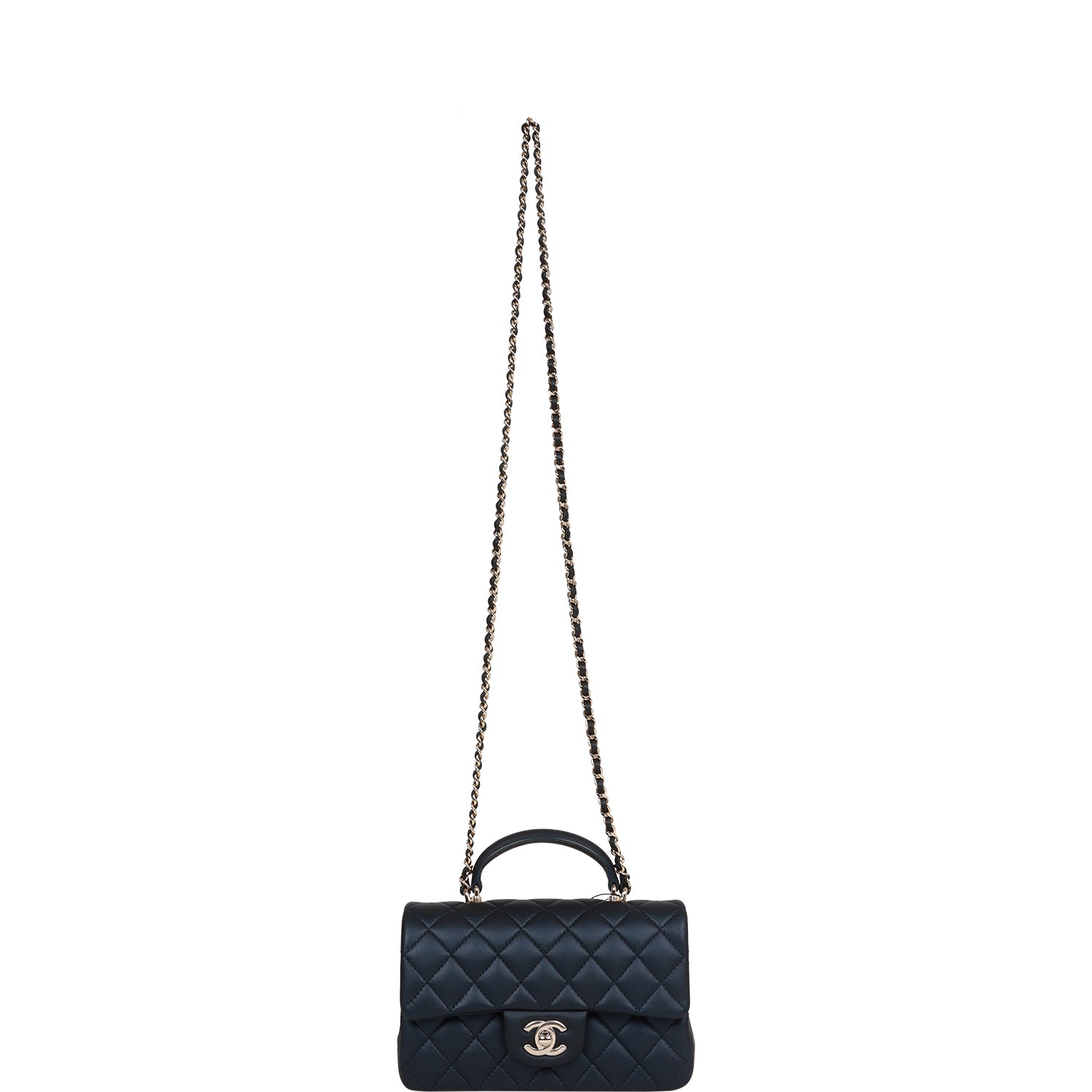 Chanel Mini Rectangular Flap Bag with Top Handle Dark Blue Lambskin Light Gold Hardware
