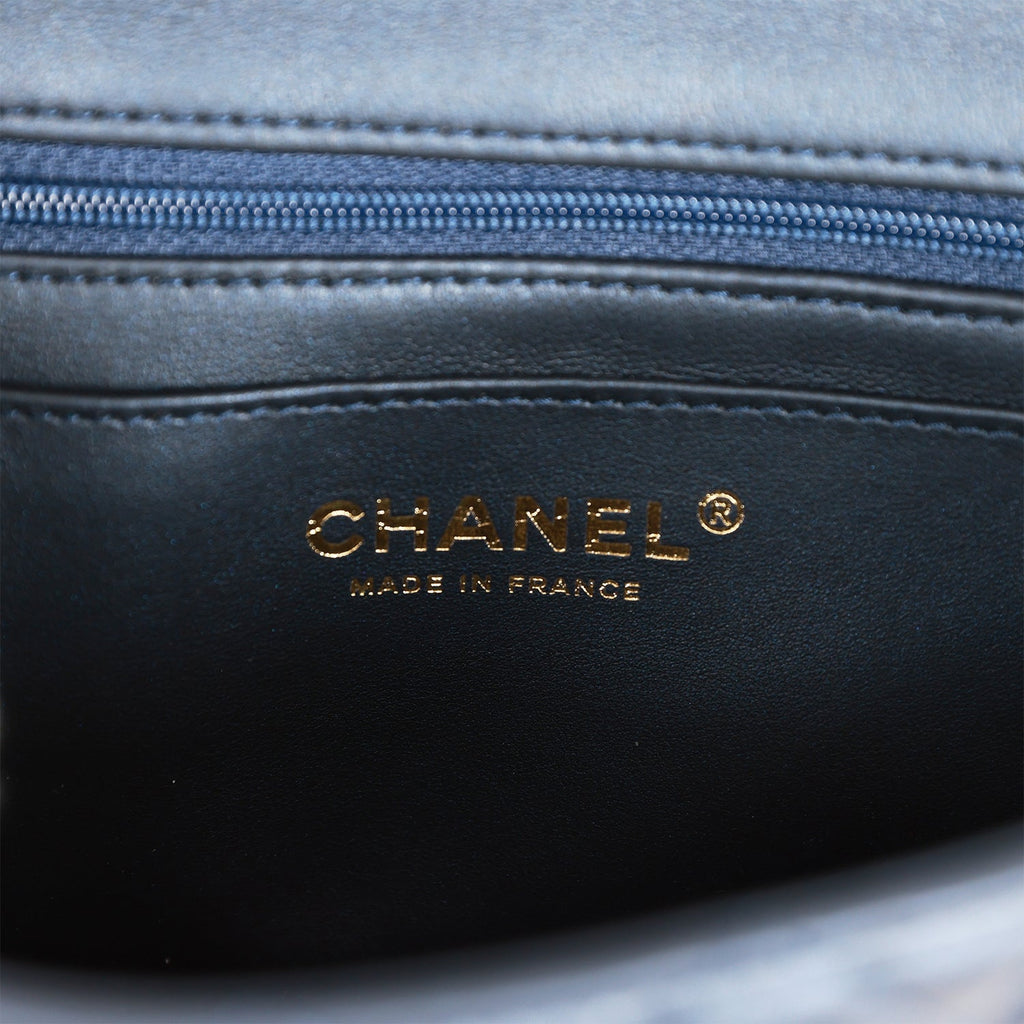 Chanel Mini Rectangular Flap Bag with Top Handle Dark Blue Lambskin Light Gold Hardware