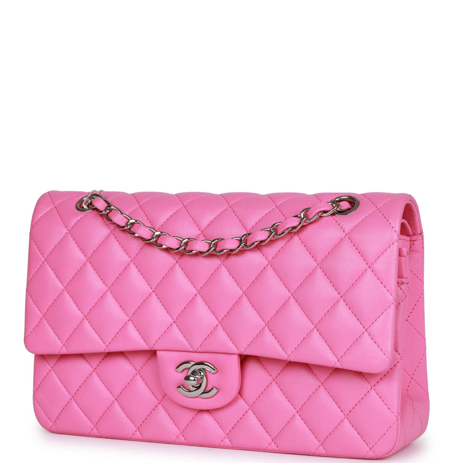 Chanel Medium Classic Double Flap Bag Neon Pink Lambskin Silver Hardware