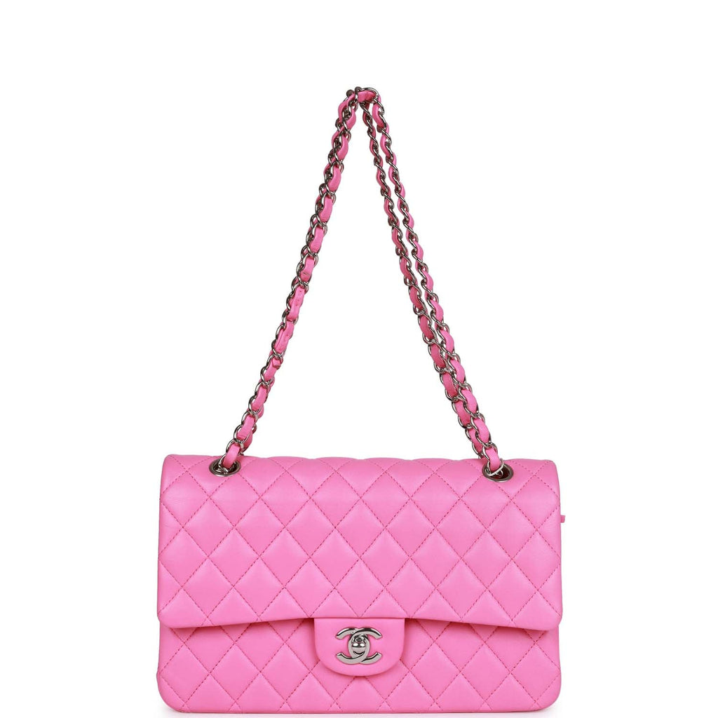 Chanel Medium Classic Double Flap Bag Neon Pink Lambskin Silver Hardware