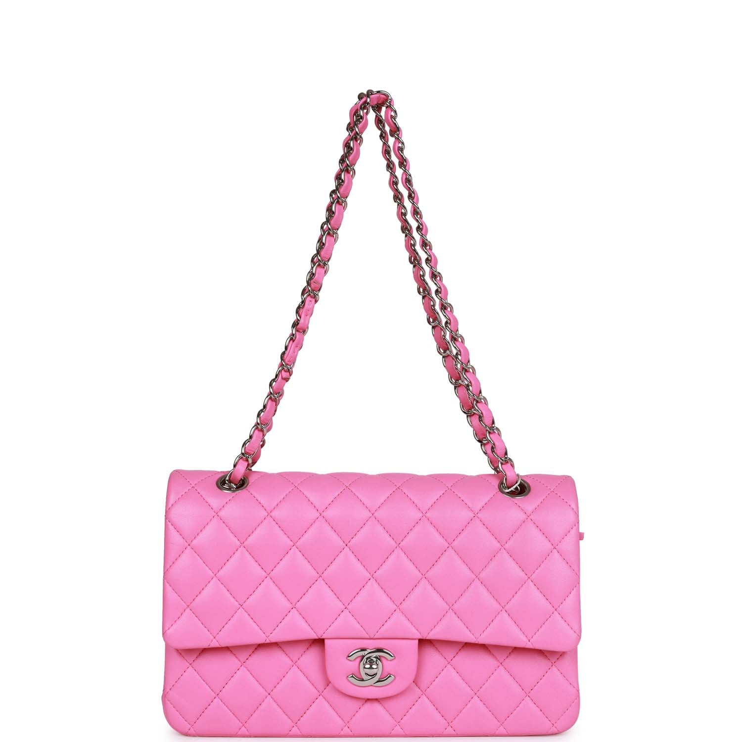 Chanel Medium Classic Double Flap Bag Neon Pink Lambskin Silver Hardware