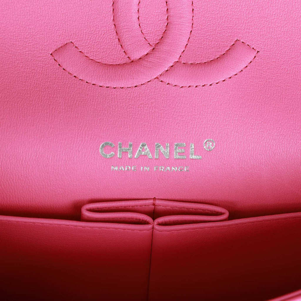 Chanel Medium Classic Double Flap Bag Neon Pink Lambskin Silver Hardware