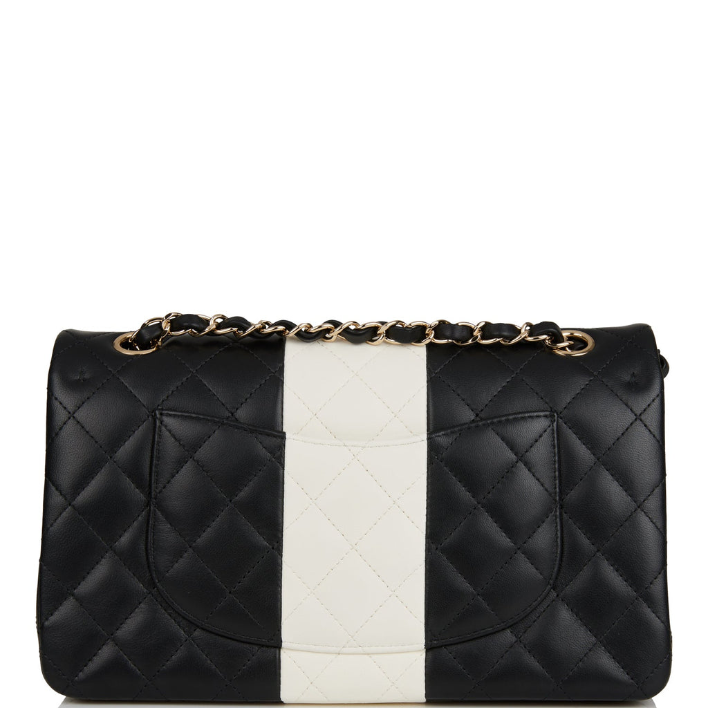 Chanel Medium Classic Double Flap Bag Black and White Lambskin Light Gold Hardware