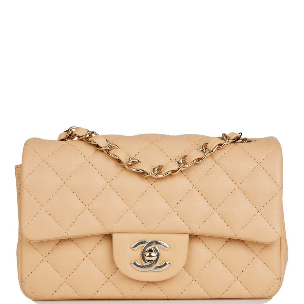 Chanel Mini Rectangular Flap Bag Beige Lambskin Light Gold Hardware