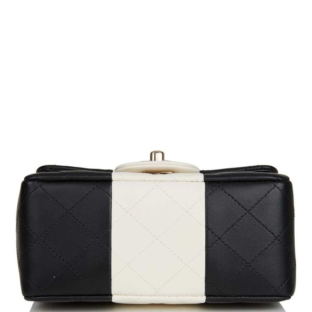 Chanel Mini Square Flap Bag Black and White Lambskin Light Gold Hardware