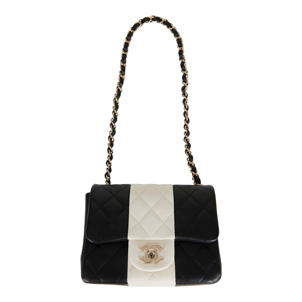Chanel Mini Square Flap Bag Black and White Lambskin Light Gold Hardware