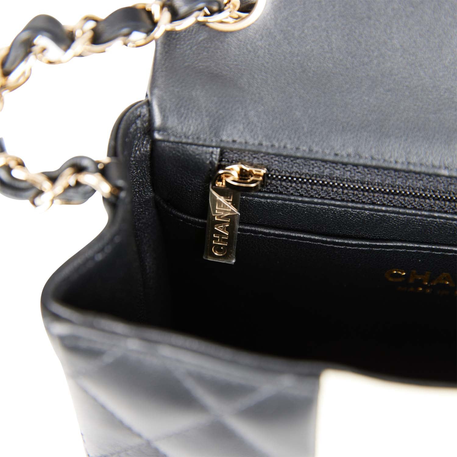 Chanel Mini Square Flap Bag Black and White Lambskin Light Gold Hardware