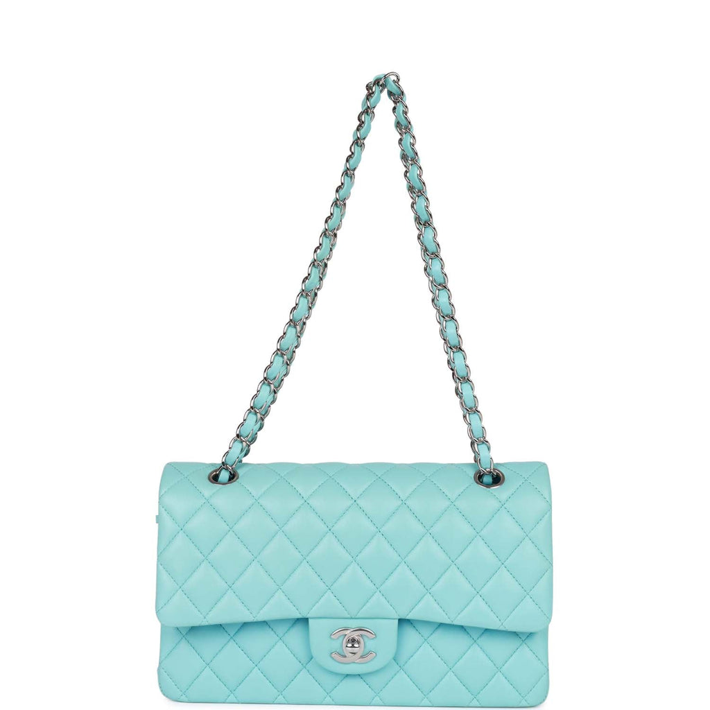 Chanel Medium Classic Double Flap Bag Tiffany Blue Lambskin Silver Hardware