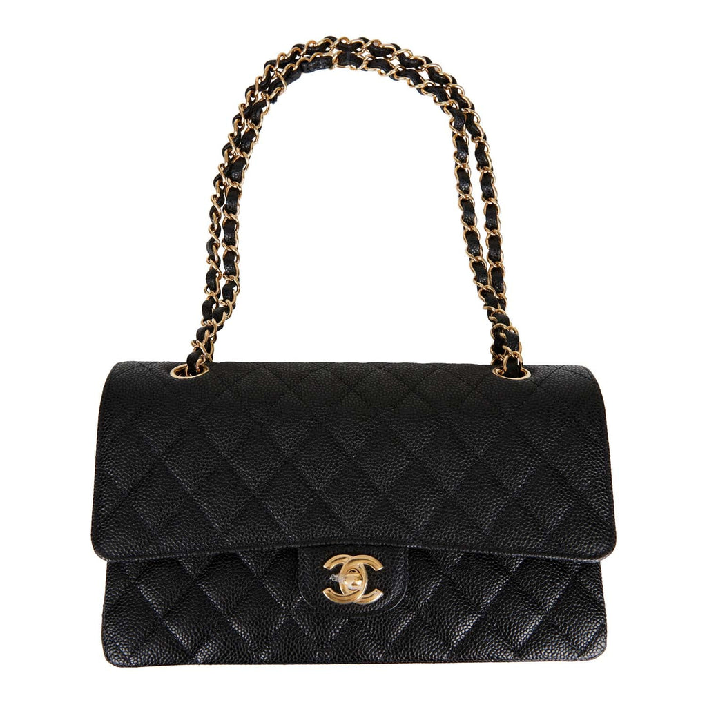 Chanel Medium Classic Double Flap Bag Black Quilted Caviar Gold Hardware