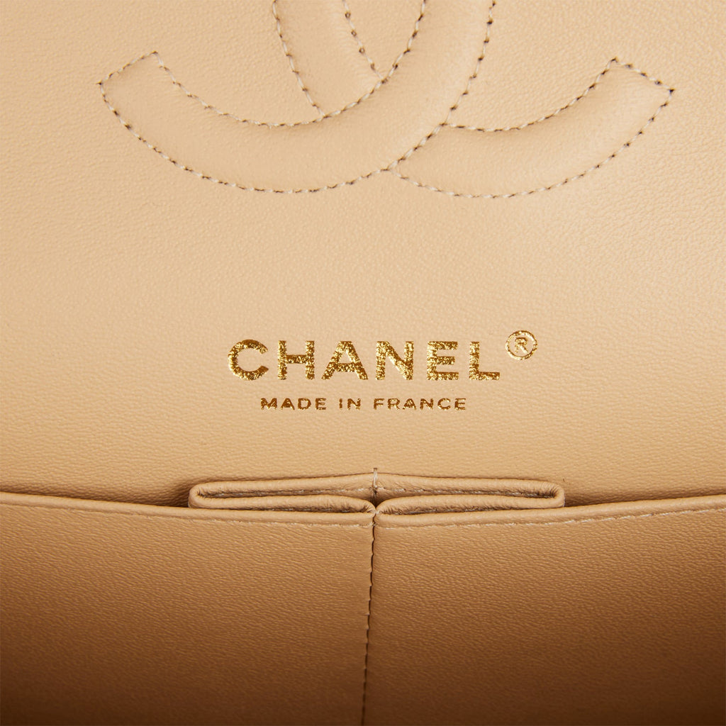 Chanel Medium Classic Double Flap Bag Beige Quilted Caviar Gold Hardware