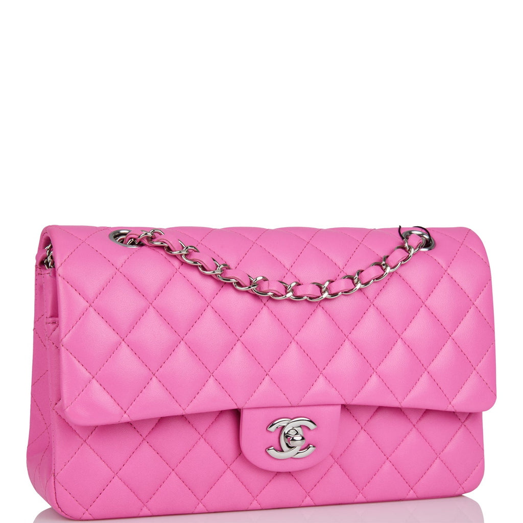 Chanel Medium Classic Double Flap Bag Neon Pink Quilted Lambskin Silver Hardware