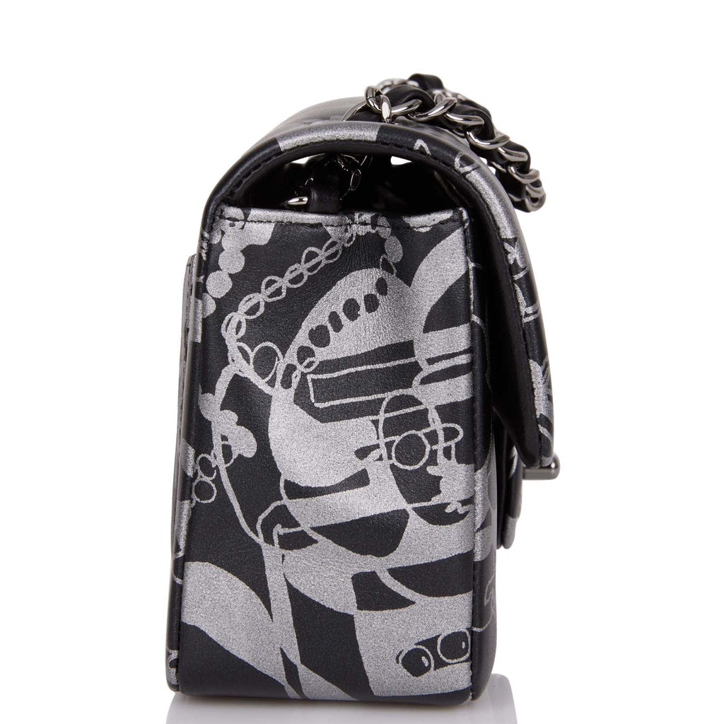 Chanel Mini Rectangular Flap Bag Black and Silver Printed Lambskin Silver Hardware