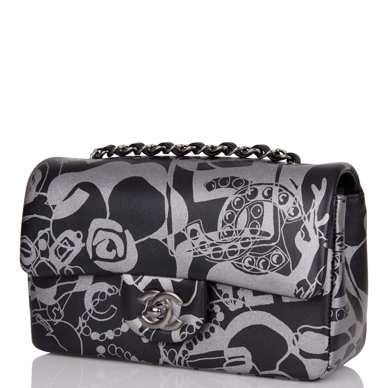 Chanel Mini Rectangular Flap Bag Black and Silver Printed Lambskin Silver Hardware