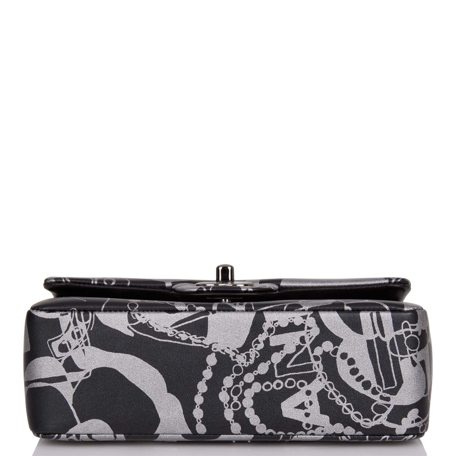Chanel Mini Rectangular Flap Bag Black and Silver Printed Lambskin Silver Hardware