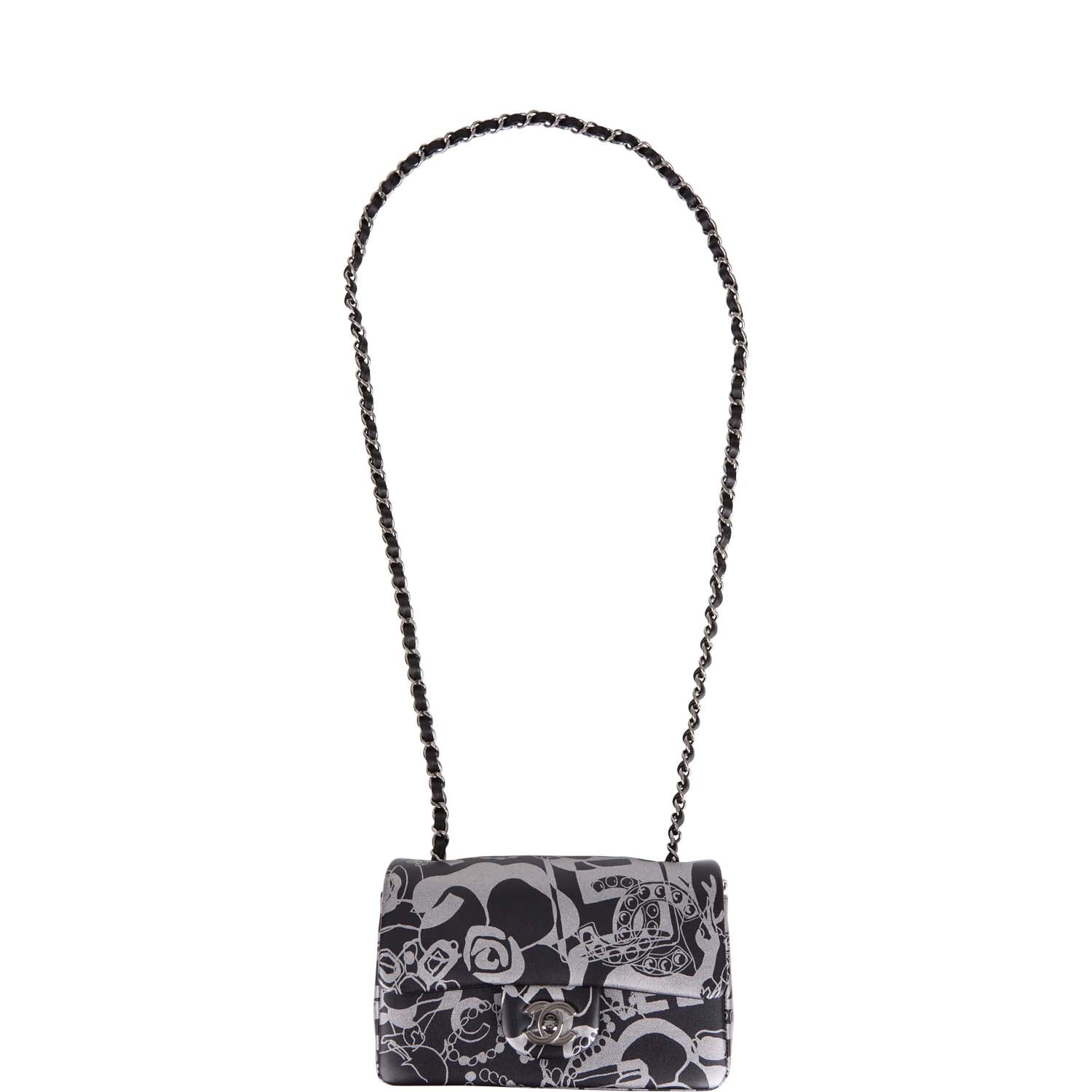 Chanel Mini Rectangular Flap Bag Black and Silver Printed Lambskin Silver Hardware
