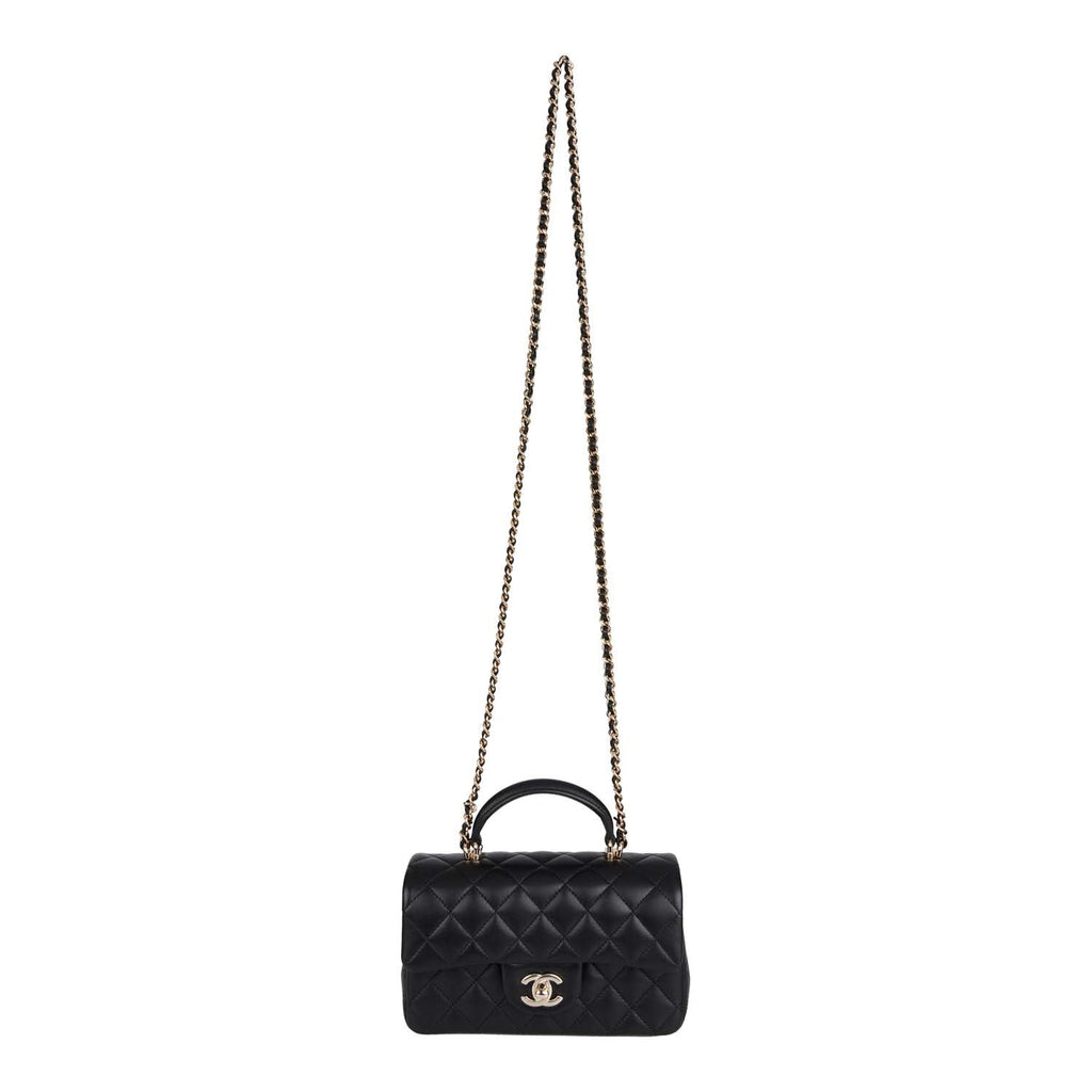 Chanel Mini Rectangular Flap Bag with Top Handle Black Lambskin Light Gold Hardware