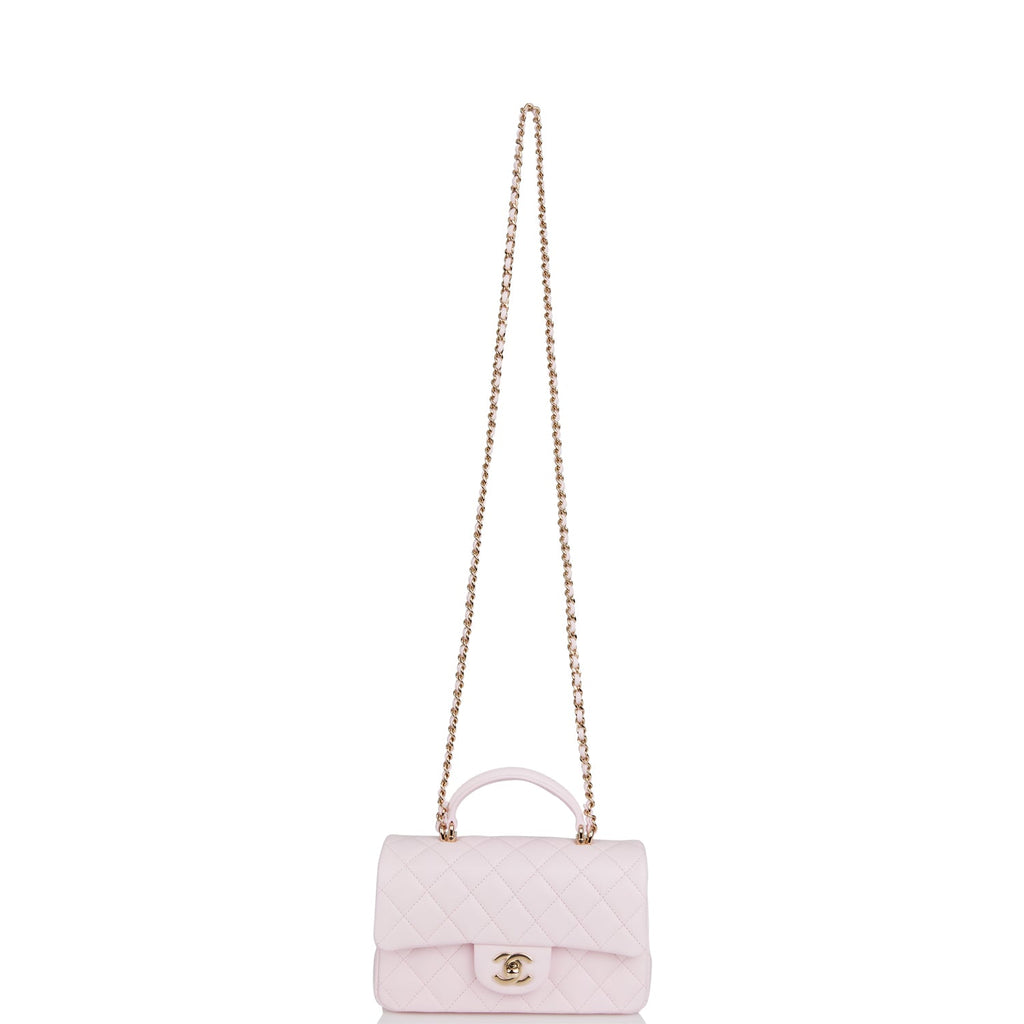 Chanel Mini Rectangular Flap Bag with Top Handle Light Pink Lambskin Light Gold Hardware