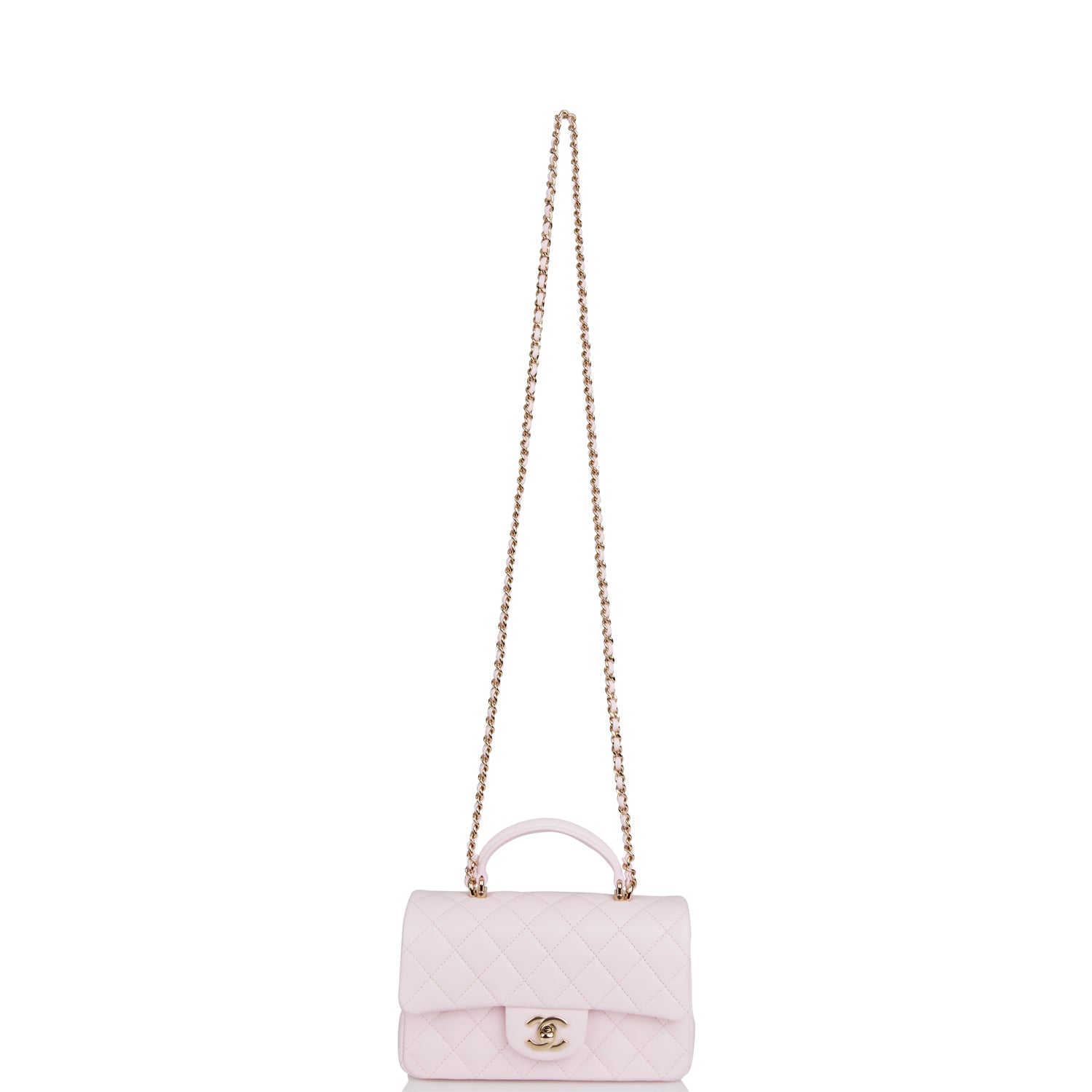 Chanel Mini Rectangular Flap Bag with Top Handle Light Pink Lambskin Light Gold Hardware