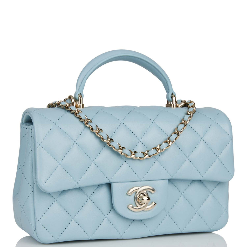 Chanel Mini Rectangular Flap with Top Handle Blue Lambskin Light Gold Hardware