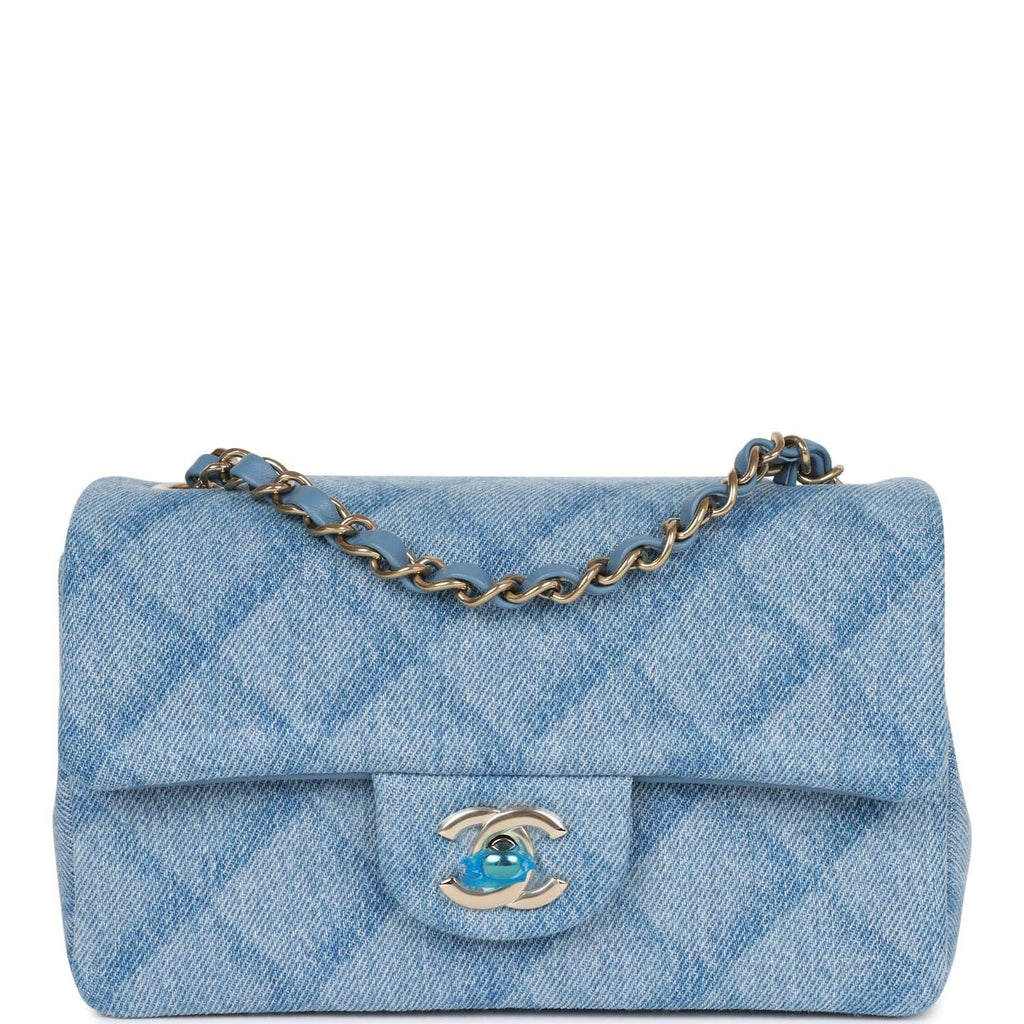 Chanel Mini Rectangular Flap Bag Blue Denim Light Gold Hardware