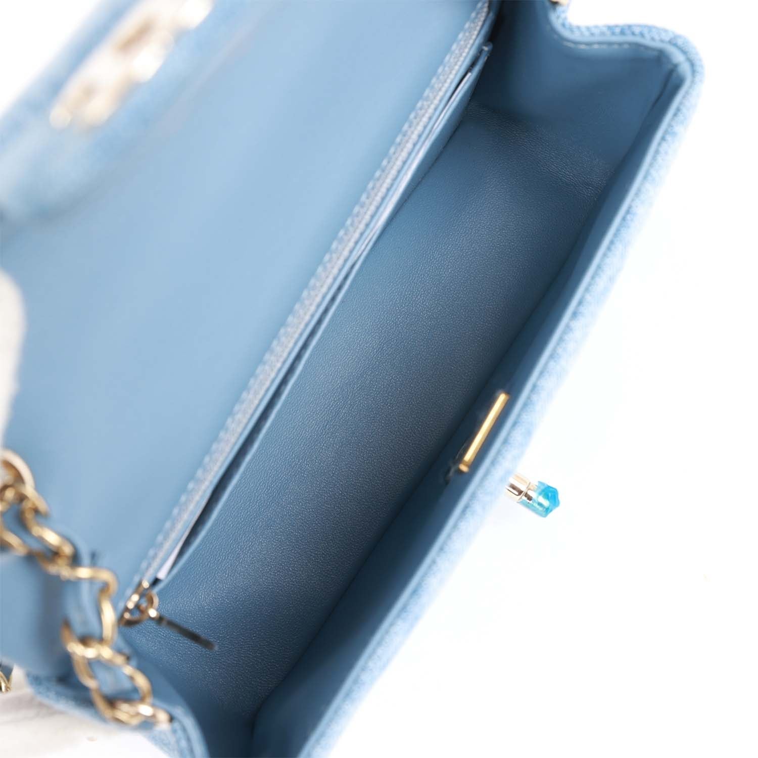 Chanel Mini Rectangular Flap Bag Blue Denim Light Gold Hardware