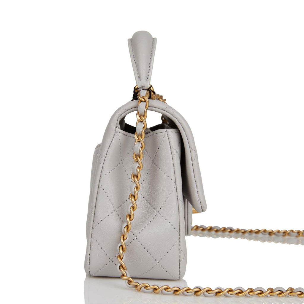 Chanel Mini Rectangular Flap Bag with Top Handle Grey Lambskin Antique Gold Hardware