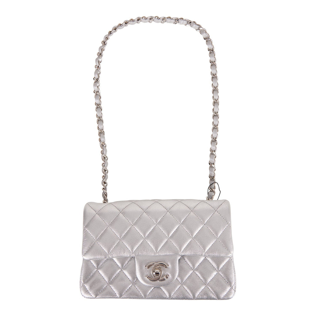 Chanel Mini Rectangular Flap Bag Silver Iridescent Lambskin Silver Hardware
