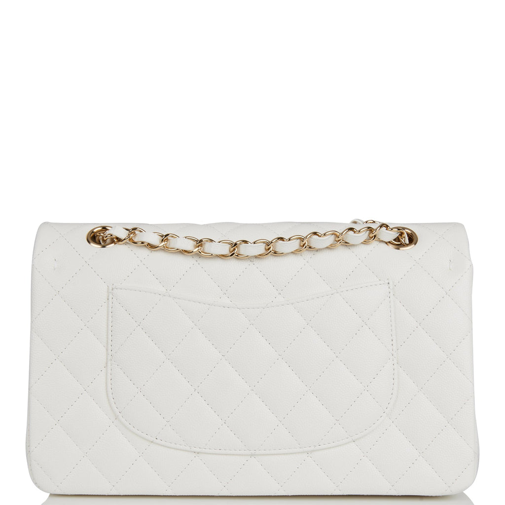 Chanel Medium Classic Double Flap Bag White Quilted Caviar Light Gold Hardware