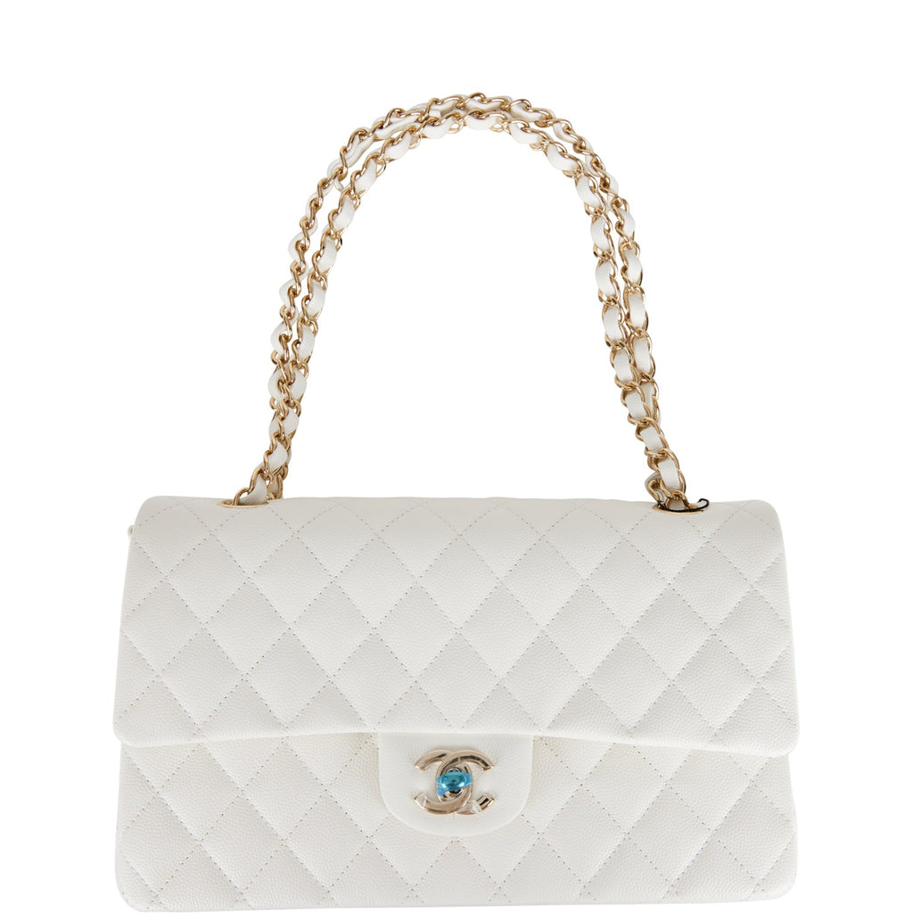 Chanel Medium Classic Double Flap Bag White Quilted Caviar Light Gold Hardware